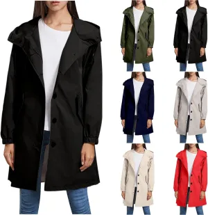 Women's Waterproof Trench Coat Long Sleeve Double Breasted Oversized Rain Jacket Hooded Windbreaker Casual Raincoat