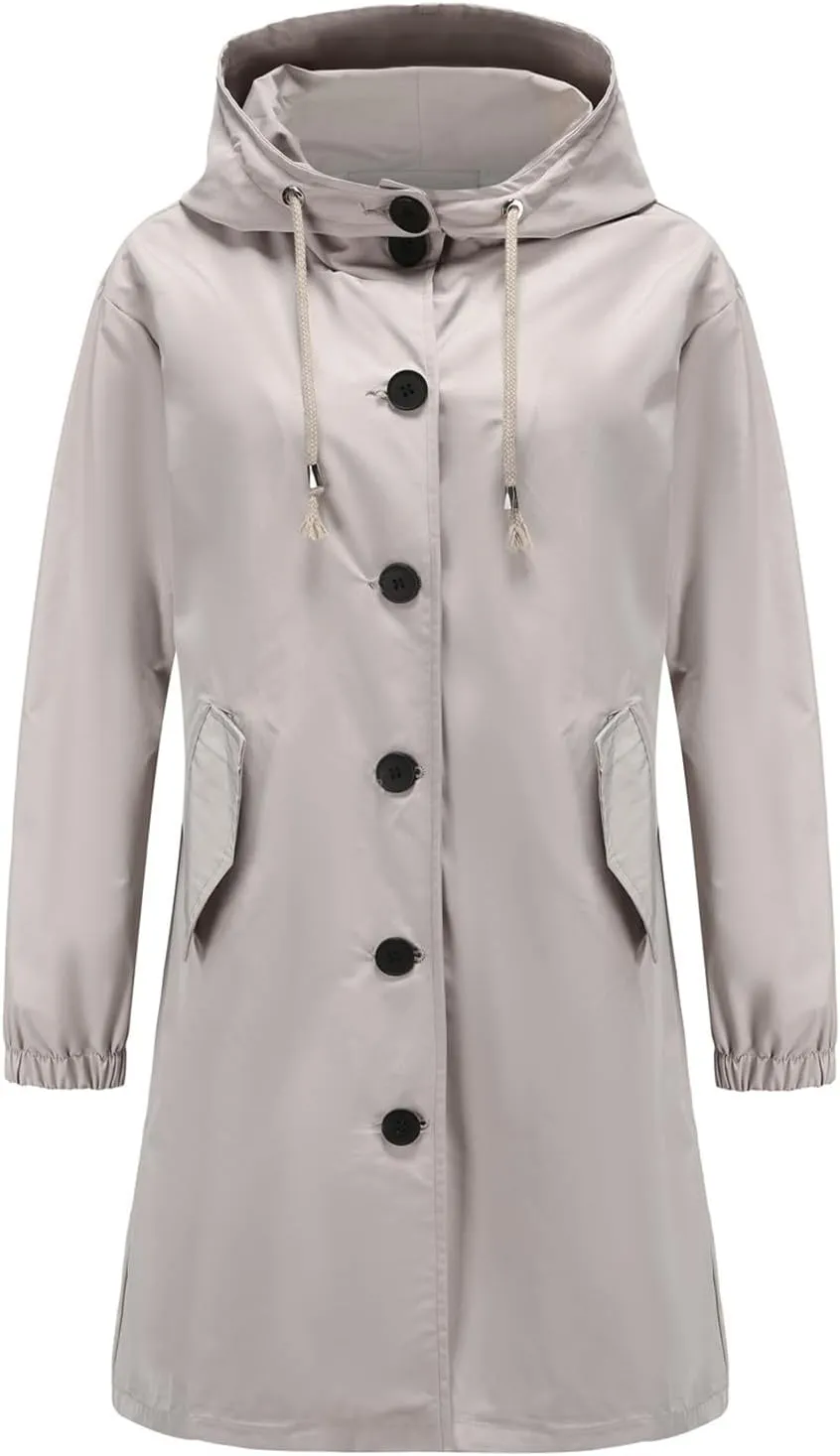 Women's Waterproof Trench Coat Long Sleeve Double Breasted Oversized Rain Jacket Hooded Windbreaker Casual Raincoat
