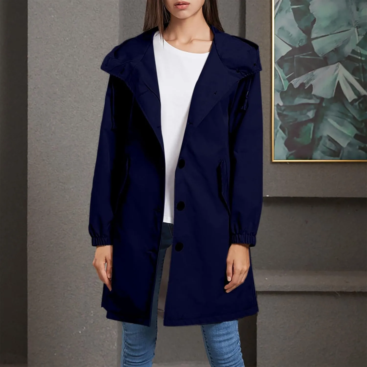 Women's Waterproof Trench Coat Long Sleeve Double Breasted Oversized Rain Jacket Hooded Windbreaker Casual Raincoat
