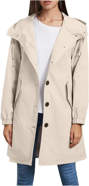 Women's Waterproof Trench Coat Long Sleeve Double Breasted Oversized Rain Jacket Hooded Windbreaker Casual Raincoat