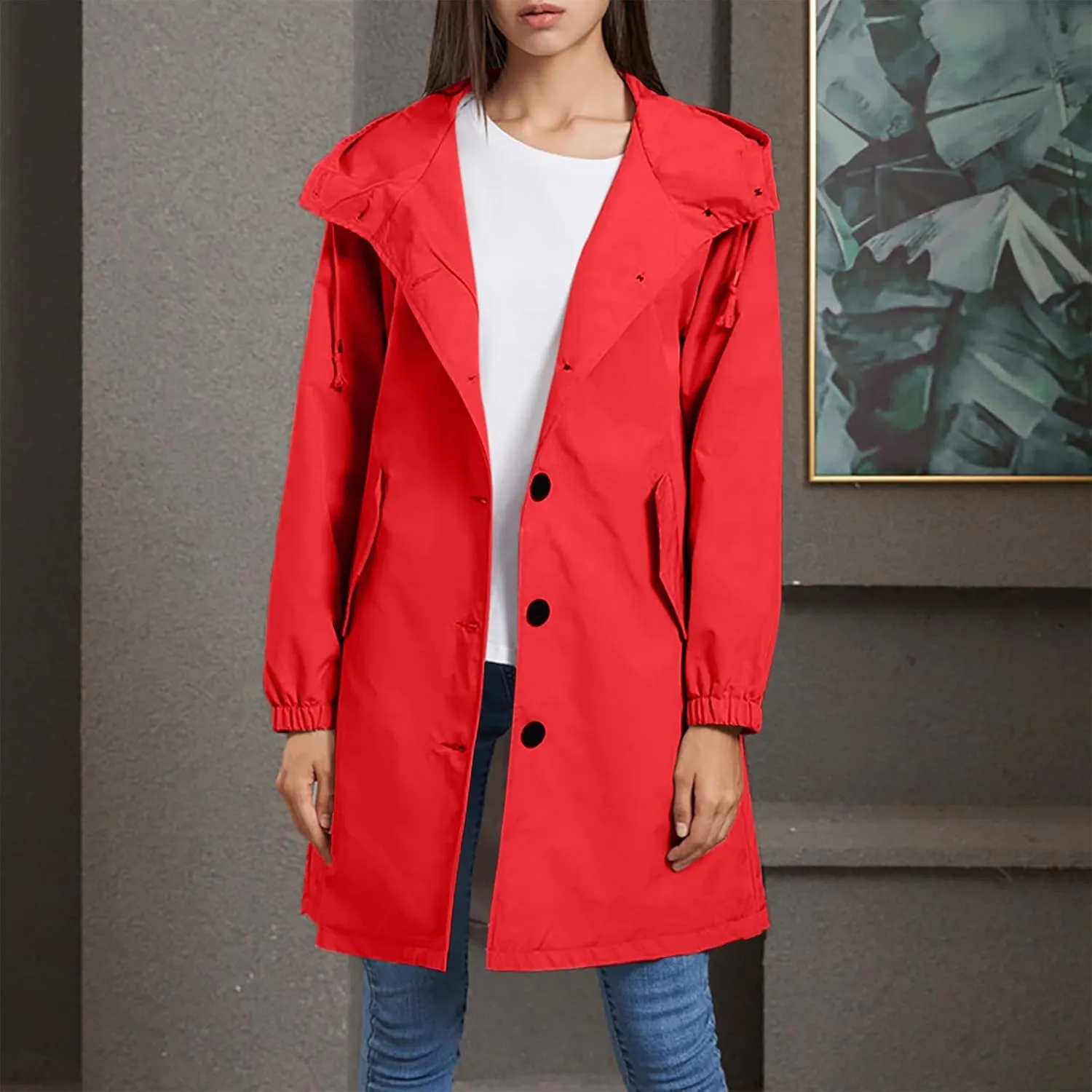 Women's Waterproof Trench Coat Long Sleeve Double Breasted Oversized Rain Jacket Hooded Windbreaker Casual Raincoat