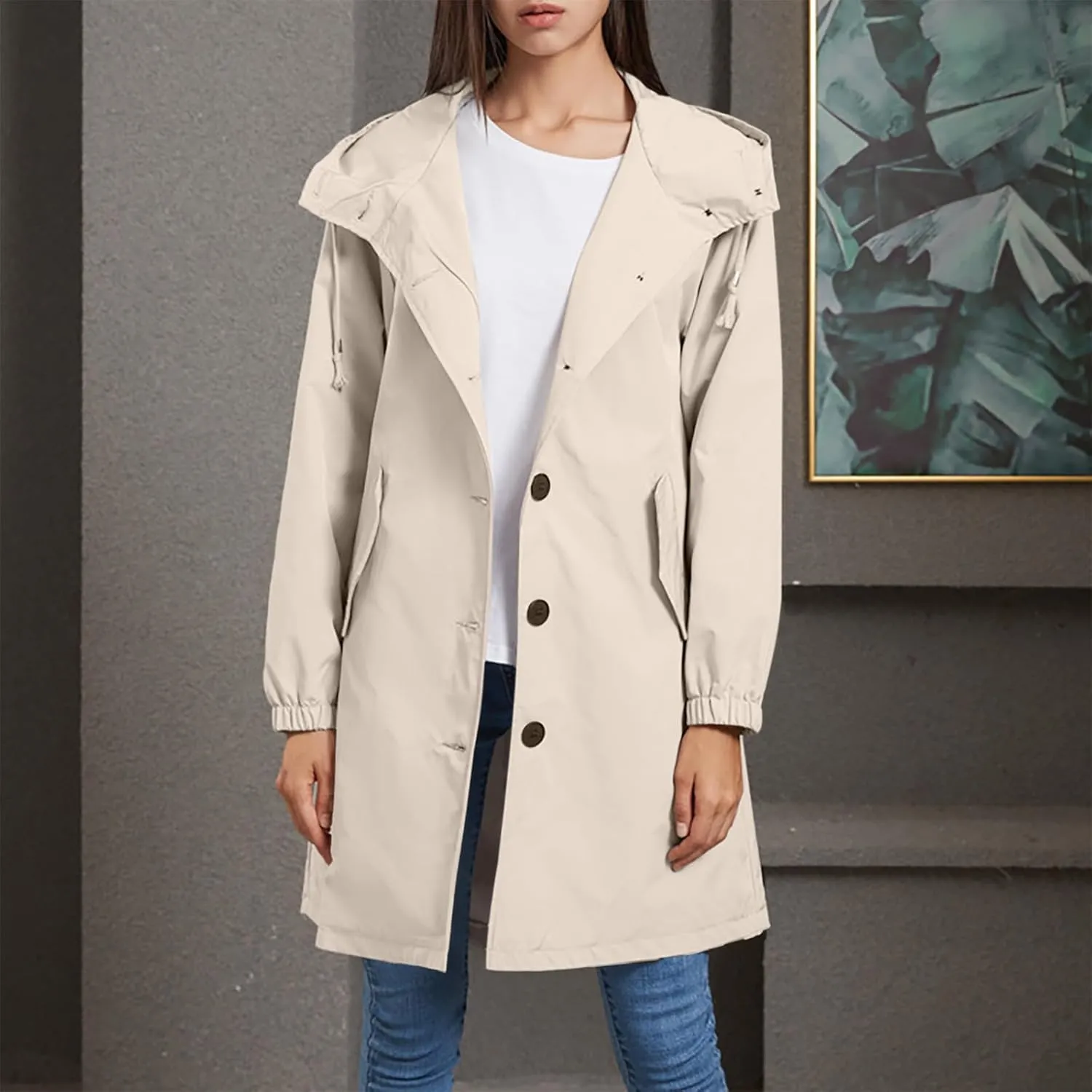 Women's Waterproof Trench Coat Long Sleeve Double Breasted Oversized Rain Jacket Hooded Windbreaker Casual Raincoat