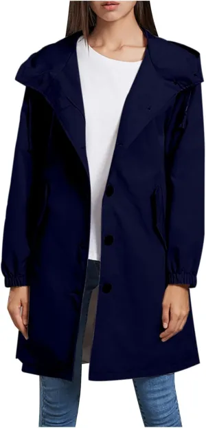 Women's Waterproof Trench Coat Long Sleeve Double Breasted Oversized Rain Jacket Hooded Windbreaker Casual Raincoat