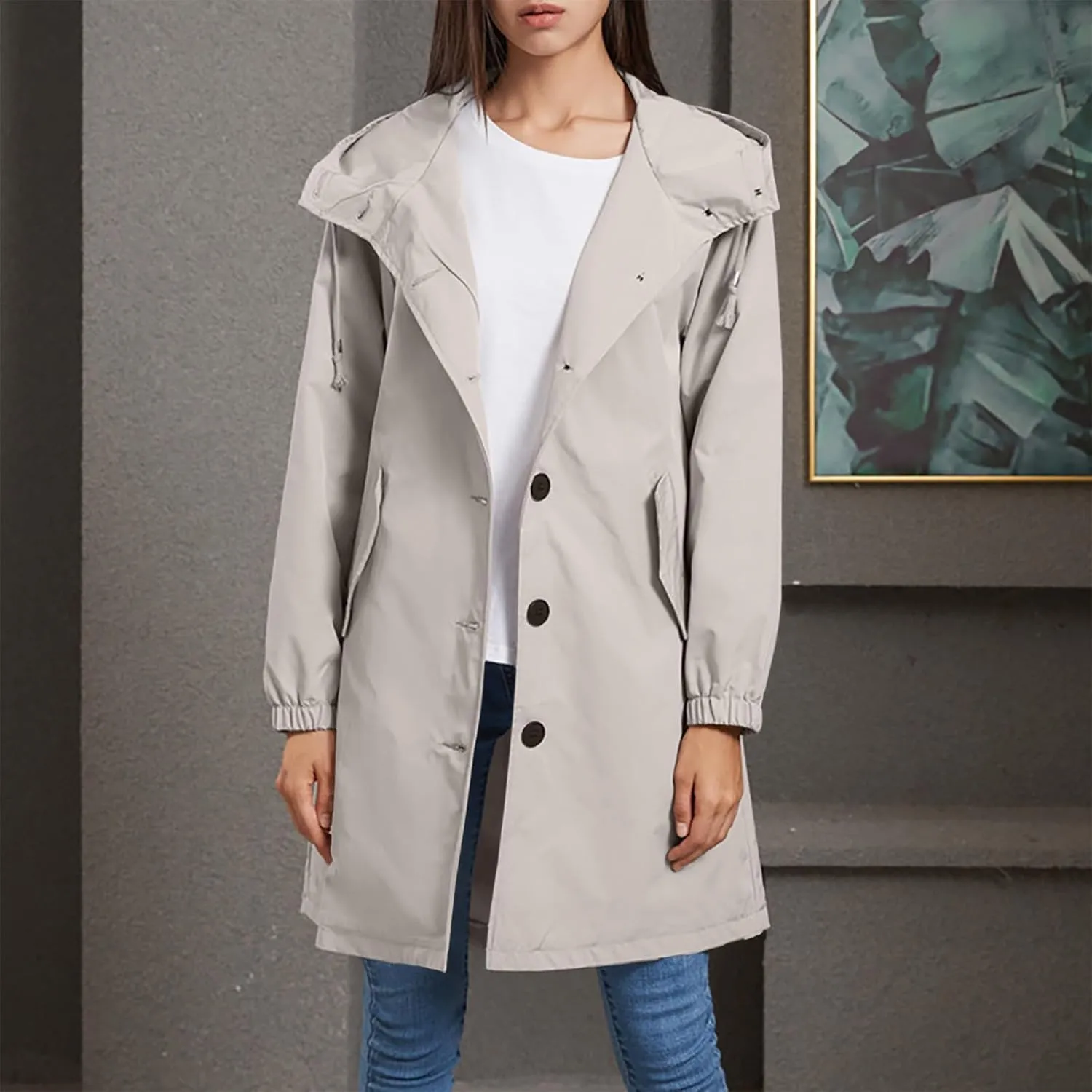 Women's Waterproof Trench Coat Long Sleeve Double Breasted Oversized Rain Jacket Hooded Windbreaker Casual Raincoat