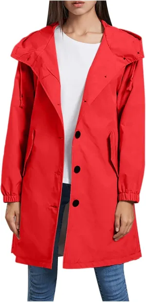 Women's Waterproof Trench Coat Long Sleeve Double Breasted Oversized Rain Jacket Hooded Windbreaker Casual Raincoat