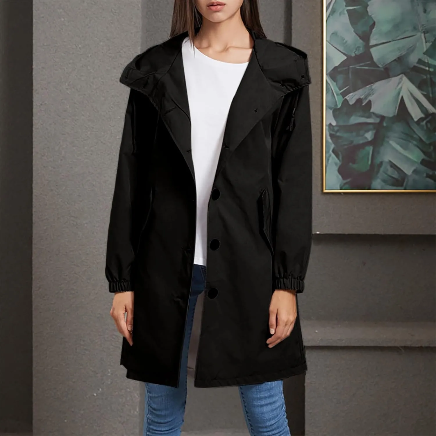 Women's Waterproof Trench Coat Long Sleeve Double Breasted Oversized Rain Jacket Hooded Windbreaker Casual Raincoat
