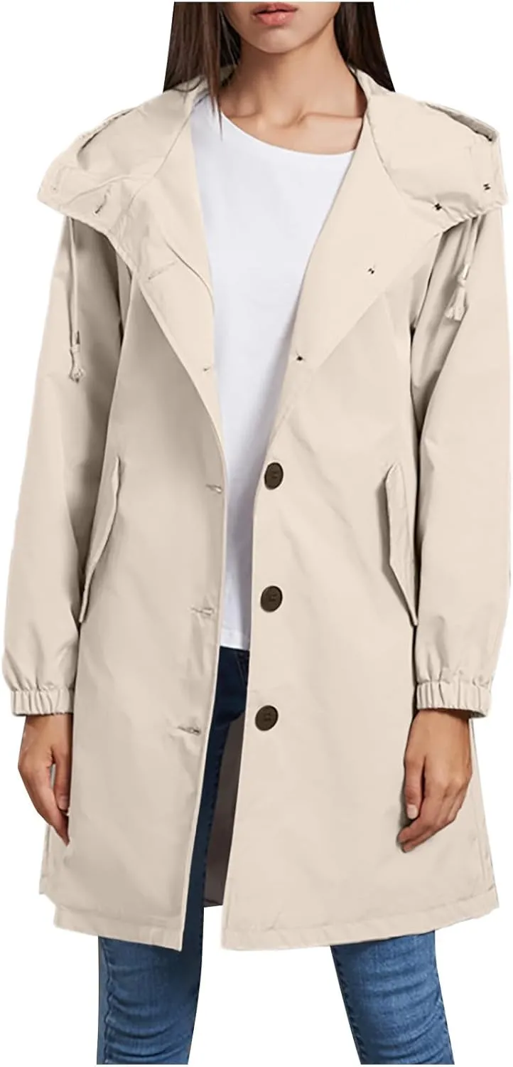 Women's Waterproof Trench Coat Long Sleeve Double Breasted Oversized Rain Jacket Hooded Windbreaker Casual Raincoat