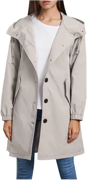 Women's Waterproof Trench Coat Long Sleeve Double Breasted Oversized Rain Jacket Hooded Windbreaker Casual Raincoat