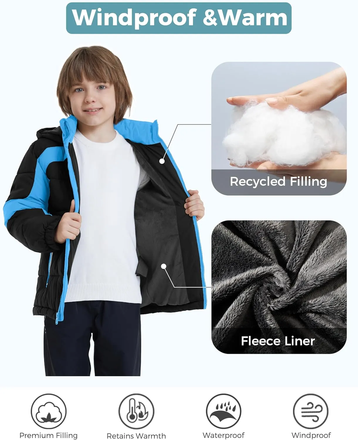 ZSHOW Boys' Hooded Puffer Jacket Waterproof Warm Winter Coat Soft Fleece Lined Outerwear Jacket
