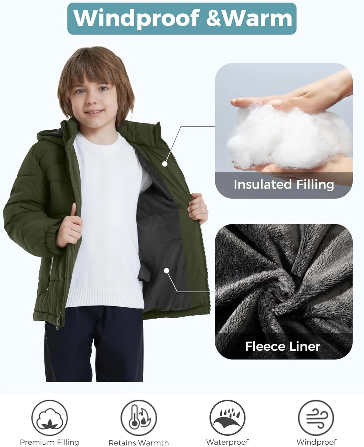 ZSHOW Boys' Hooded Puffer Jacket Waterproof Warm Winter Coat Soft Fleece Lined Outerwear Jacket