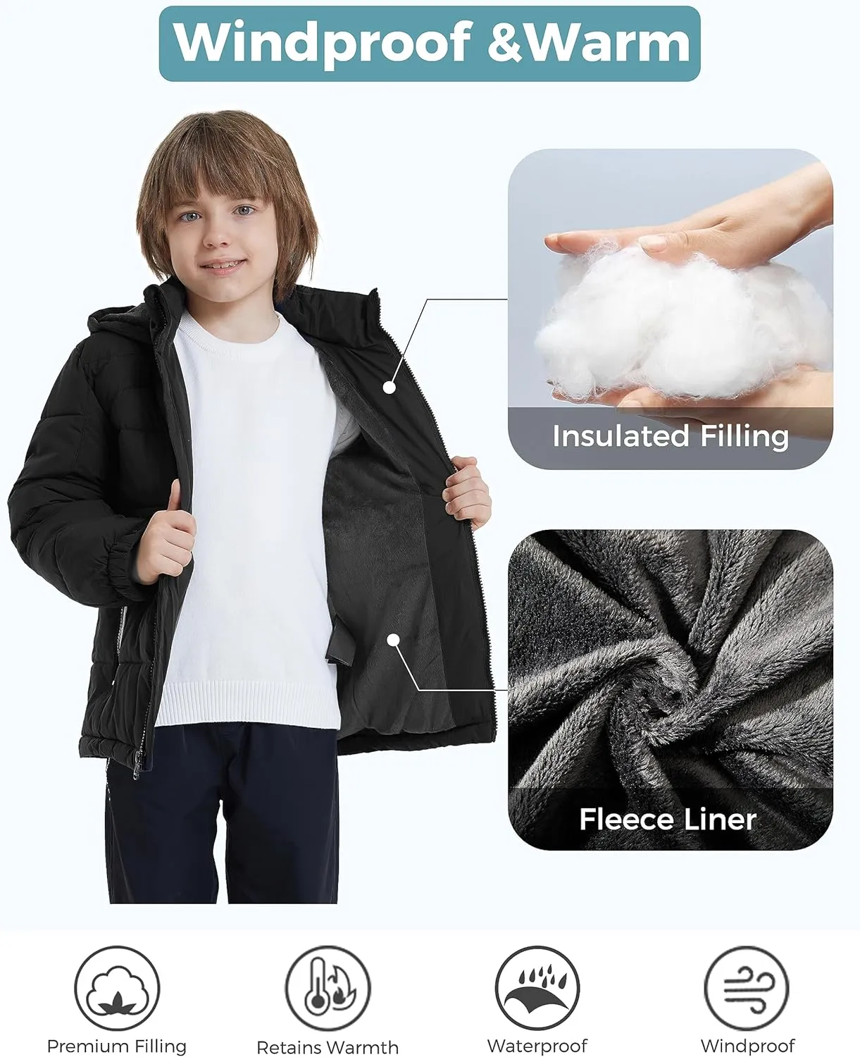 ZSHOW Boys' Hooded Puffer Jacket Waterproof Warm Winter Coat Soft Fleece Lined Outerwear Jacket