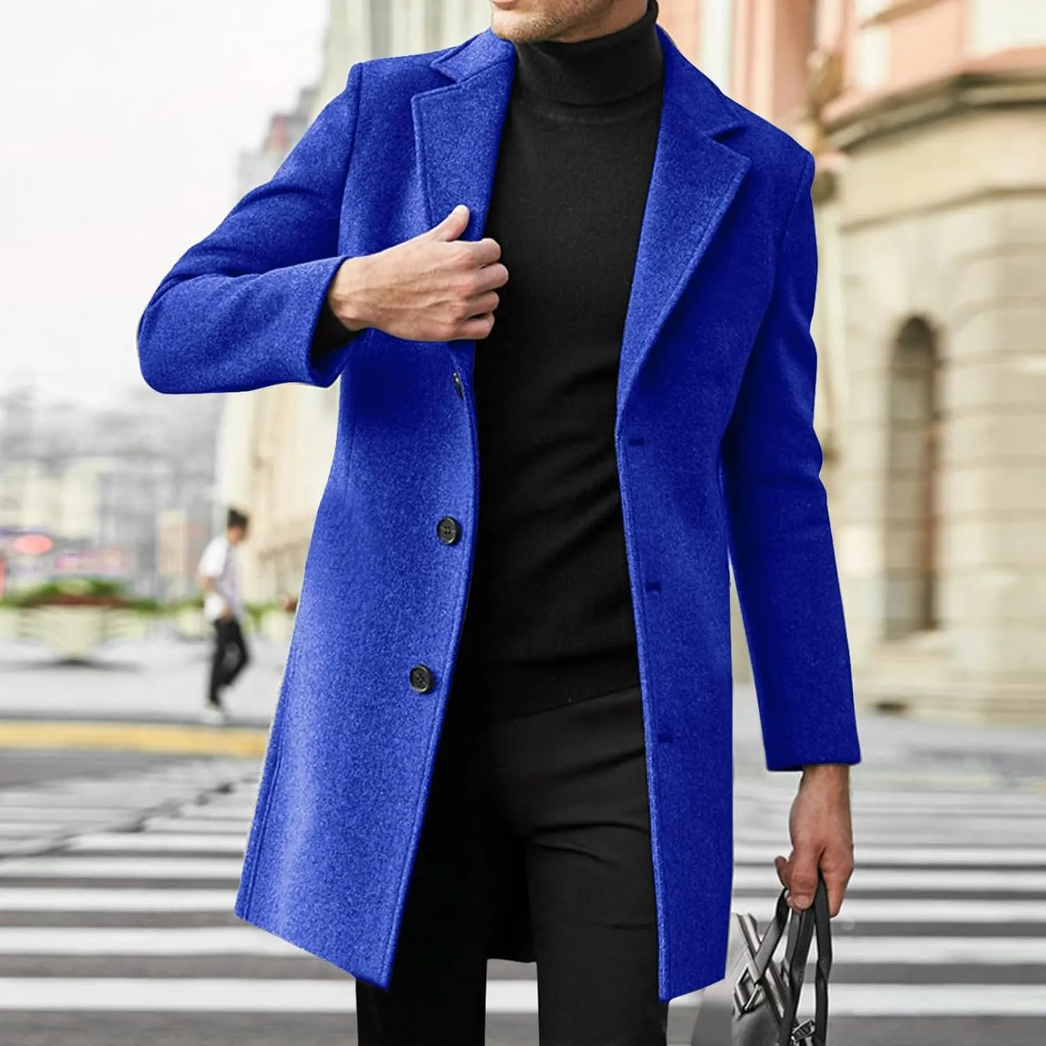 ZYXTIM Men's Wool Blend Pea Coat Notched Collar Single Breasted Trench Coat Oversize Long Classic Office Work Jacket Coat